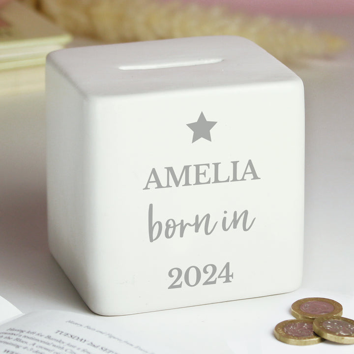 Buy Personalised Born in Money Box available now at www.giftsfinder.co.uk