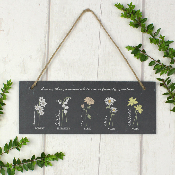 Buy Personalised Flower of the Month Hanging Slate Plaque available now at www.giftsfinder.co.uk