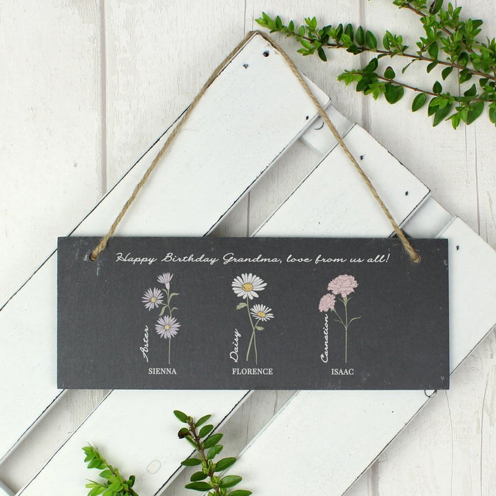 Buy Personalised Flower of the Month Hanging Slate Plaque available now at www.giftsfinder.co.uk