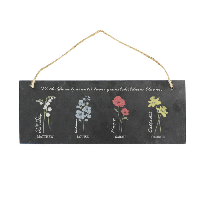 Buy Personalised Flower of the Month Hanging Slate Plaque available now at www.giftsfinder.co.uk