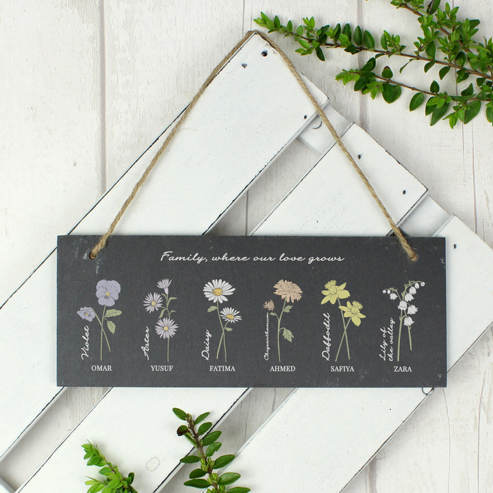 Buy Personalised Flower of the Month Hanging Slate Plaque available now at www.giftsfinder.co.uk