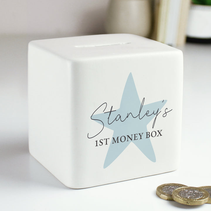 Buy Personalised Blue Star Ceramic Square Money Box available now at www.giftsfinder.co.uk