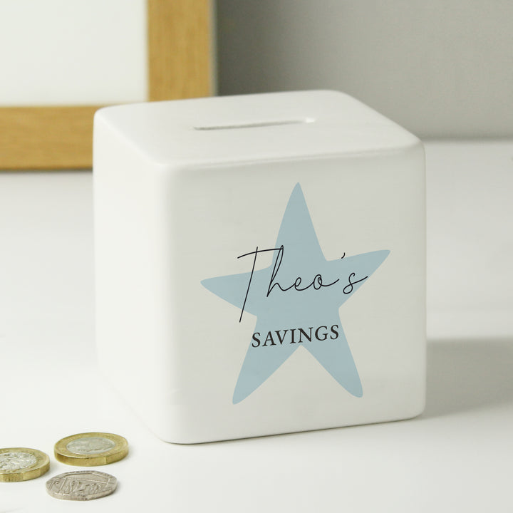 Buy Personalised Blue Star Ceramic Square Money Box available now at www.giftsfinder.co.uk