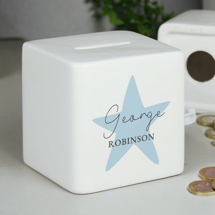 Buy Personalised Blue Star Ceramic Square Money Box available now at www.giftsfinder.co.uk