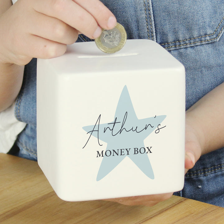 Buy Personalised Blue Star Ceramic Square Money Box available now at www.giftsfinder.co.uk