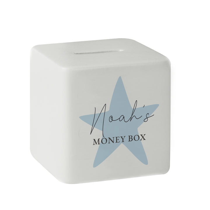 Buy Personalised Blue Star Ceramic Square Money Box available now at www.giftsfinder.co.uk