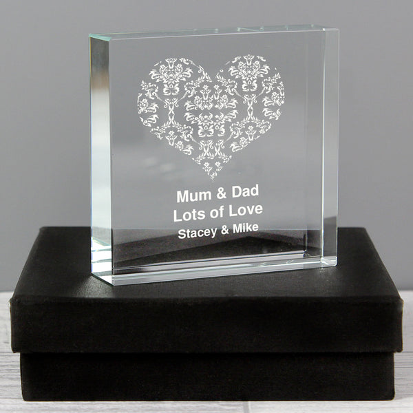 Buy Personalised Damask White Heart Crystal Token available now at www.giftsfinder.co.uk