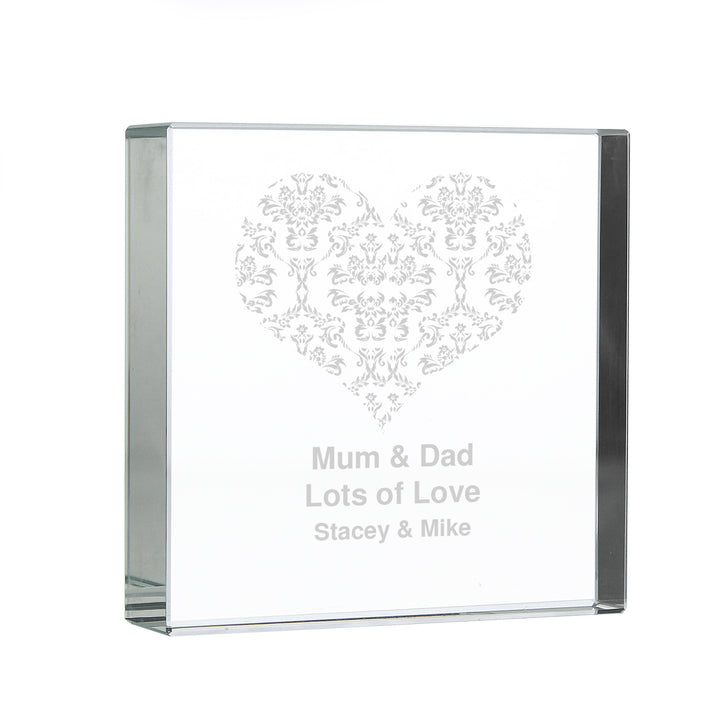 Buy Personalised Damask White Heart Crystal Token available now at www.giftsfinder.co.uk