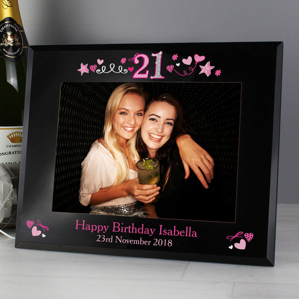 Buy Personalised 21st Birthday Black Glass 7x5 Photo Frame available now at www.giftsfinder.co.uk