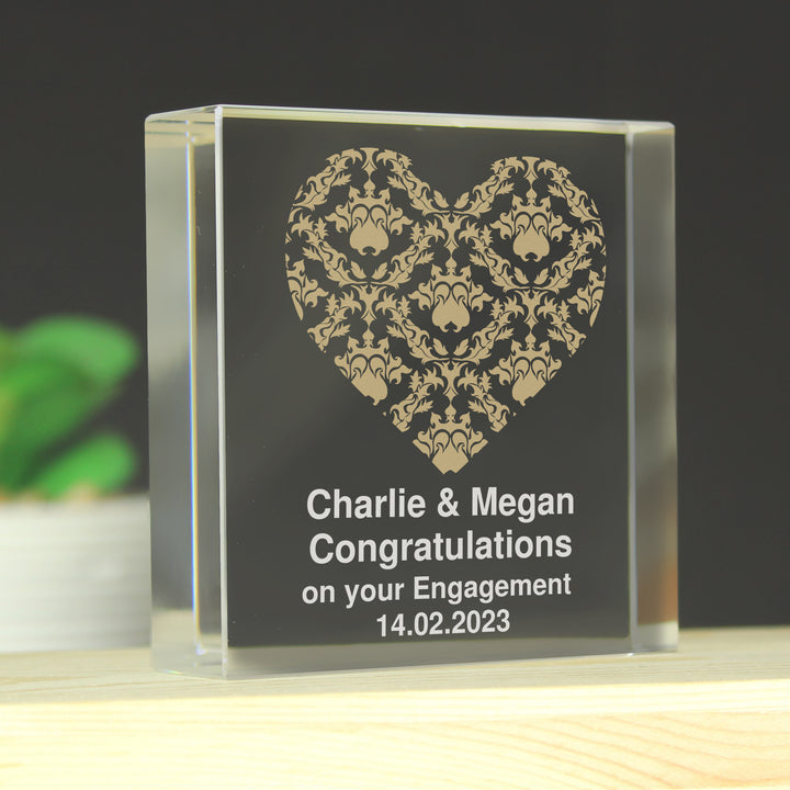 Personalised Gold Damask Heart Large Crystal Token - part of the Gifts Finder Personalised Ornaments & Keepsakes collection