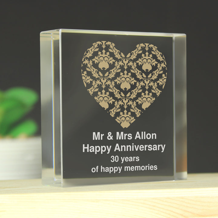 Personalised Gold Damask Heart Large Crystal Token - part of the Gifts Finder Personalised Ornaments & Keepsakes collection