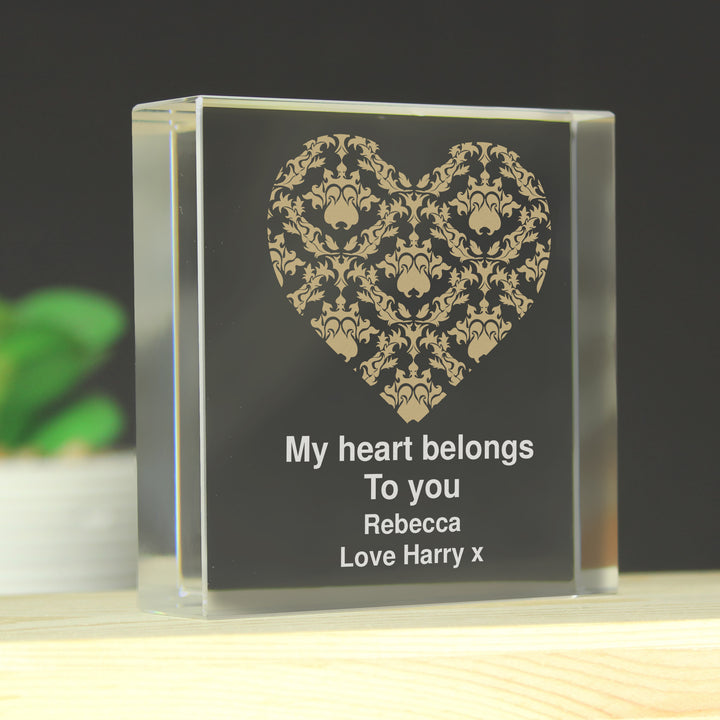 Personalised Gold Damask Heart Large Crystal Token - part of the Gifts Finder Personalised Ornaments & Keepsakes collection