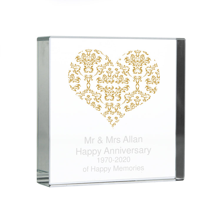 Personalised Gold Damask Heart Large Crystal Token - part of the Gifts Finder Personalised Ornaments & Keepsakes collection