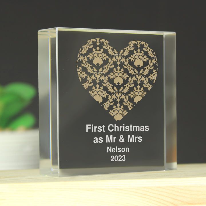 Personalised Gold Damask Heart Large Crystal Token - part of the Gifts Finder Personalised Ornaments & Keepsakes collection