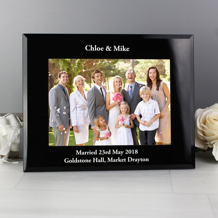 Buy Personalised 7x5 Landscape Black Glass Photo Frame available now at www.giftsfinder.co.uk