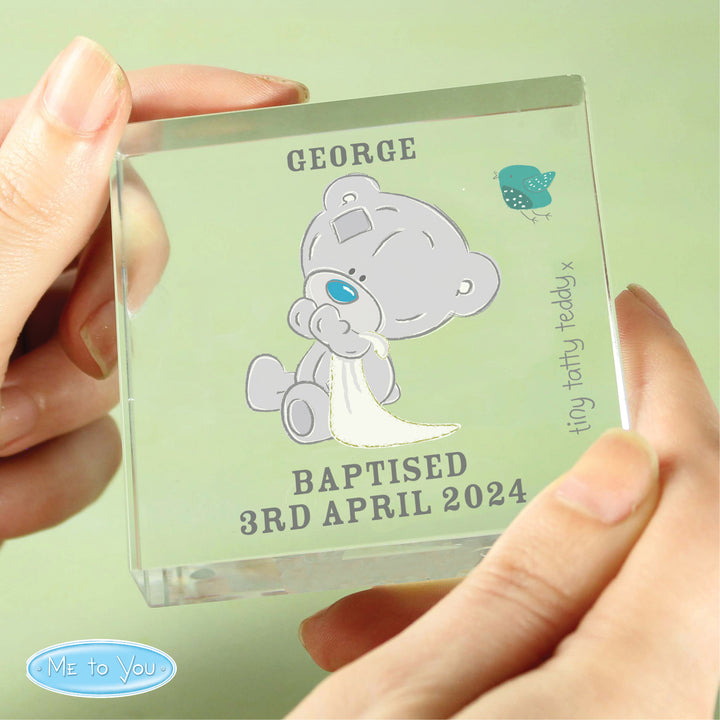 Personalised Tiny Tatty Teddy Large Christening Crystal Token - part of the Gifts Finder Personalised Christening Gifts collection