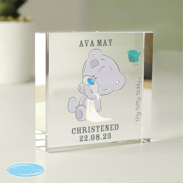 Personalised Tiny Tatty Teddy Large Christening Crystal Token in gift category Personalised Christening Gifts