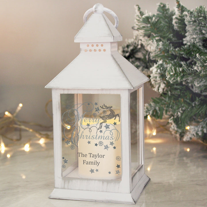 Buy Personalised Silver Reindeer White Lantern at www.giftsfinder.co.uk