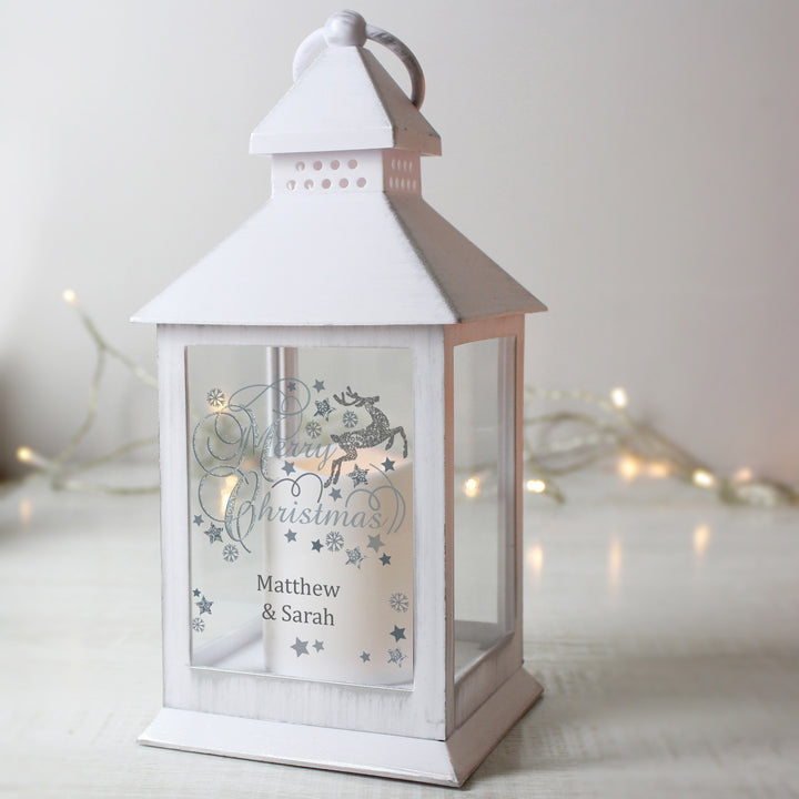 Buy Personalised Silver Reindeer White Lantern at www.giftsfinder.co.uk