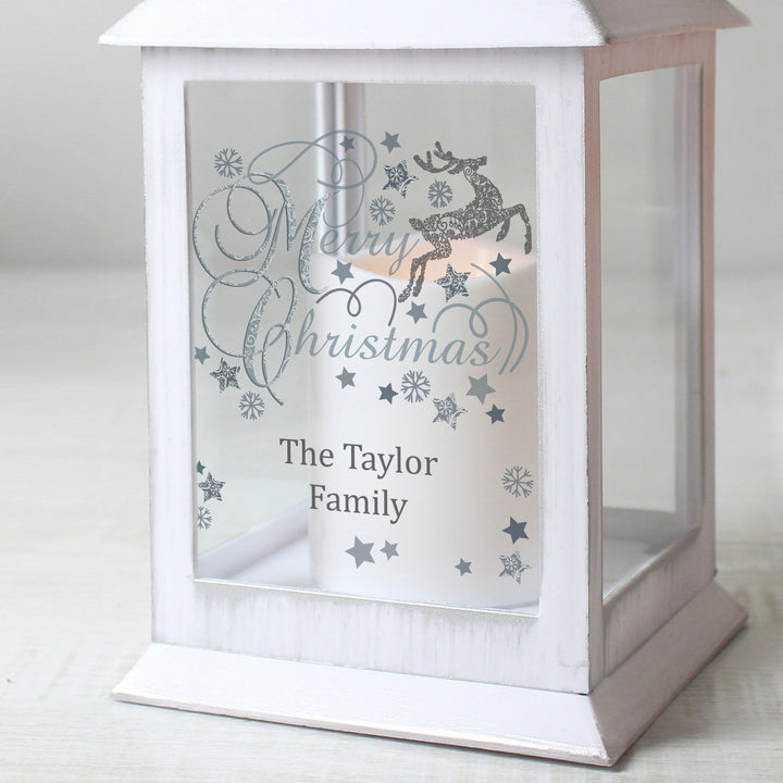 Buy Personalised Silver Reindeer White Lantern at www.giftsfinder.co.uk