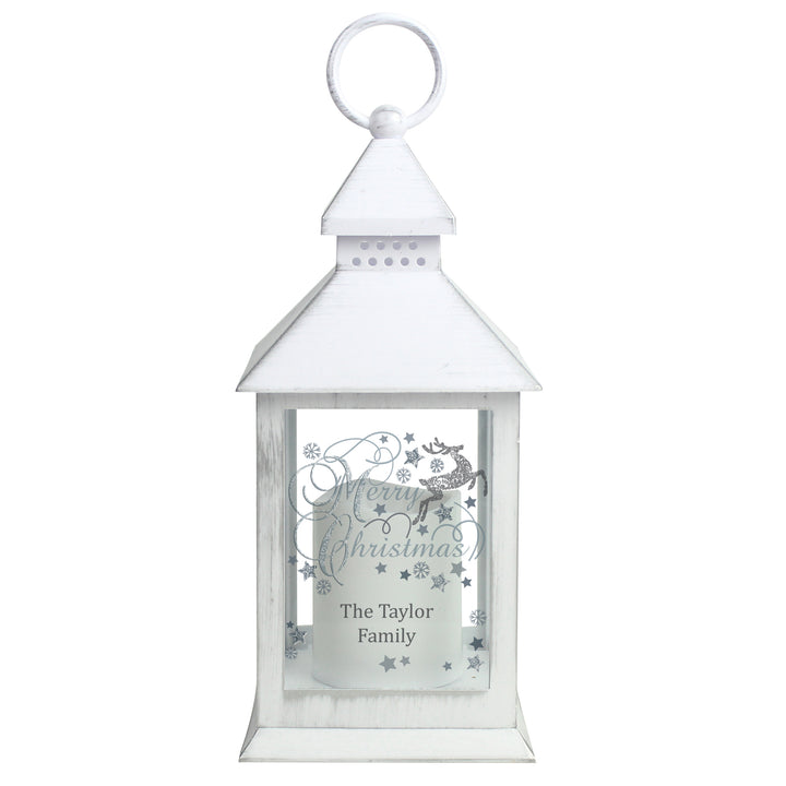 Buy Personalised Silver Reindeer White Lantern at www.giftsfinder.co.uk