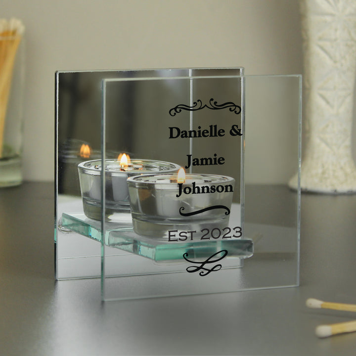 Personalised Antique Scroll Mirrored Glass Tea Light Candle Holder - part of the Gifts Finder Personalised Candle Holders collection