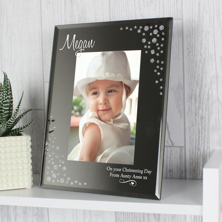 Buy Personalised Swirls & Hearts Diamante 4x6 Glass Photo Frame at www.giftsfinder.co.uk