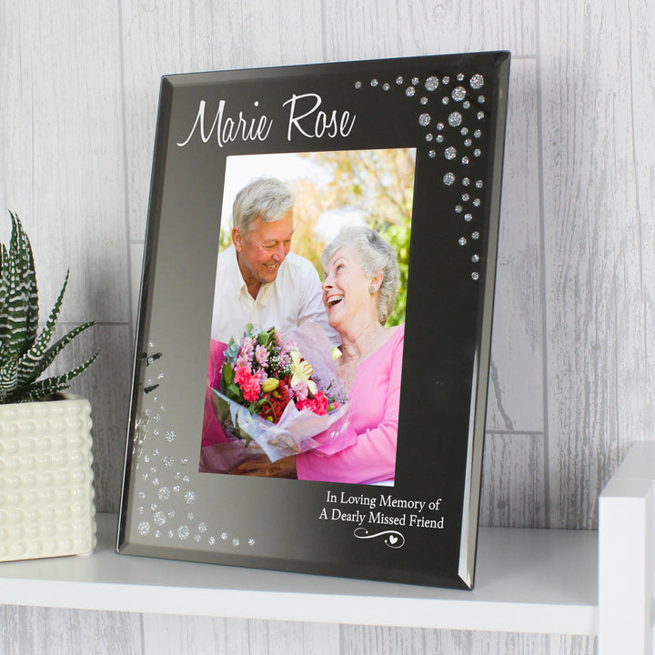 Buy Personalised Swirls & Hearts Diamante 4x6 Glass Photo Frame at www.giftsfinder.co.uk