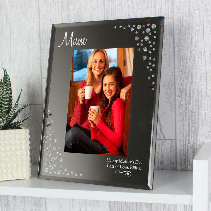 Buy Personalised Swirls & Hearts Diamante 4x6 Glass Photo Frame at www.giftsfinder.co.uk