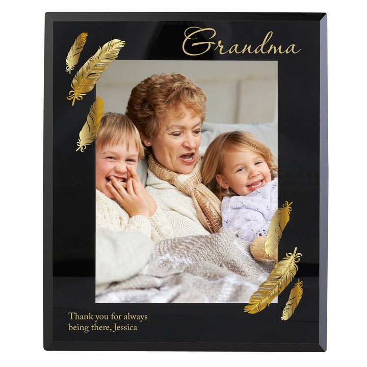 Buy Personalised Golden Feather 5x7 Black Glass Photo Frame at www.giftsfinder.co.uk