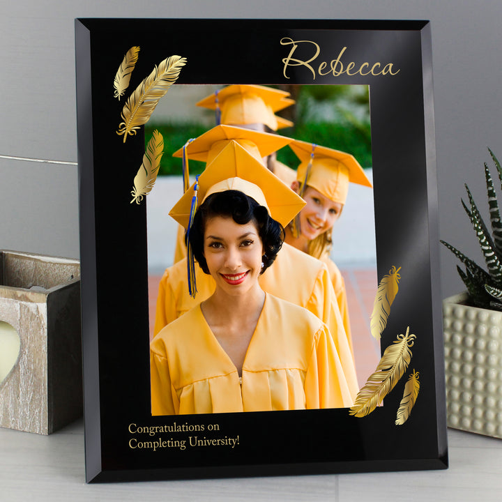 Buy Personalised Golden Feather 5x7 Black Glass Photo Frame at www.giftsfinder.co.uk