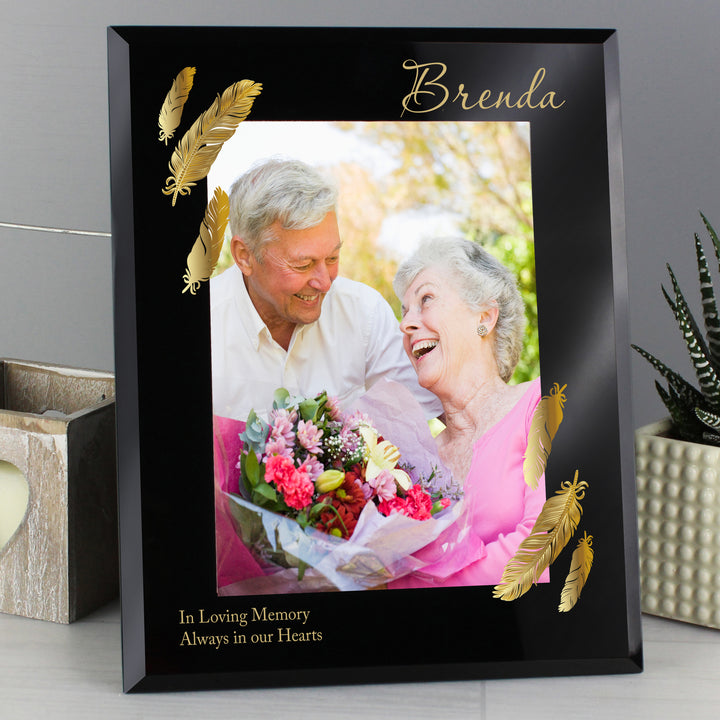 Buy Personalised Golden Feather 5x7 Black Glass Photo Frame at www.giftsfinder.co.uk