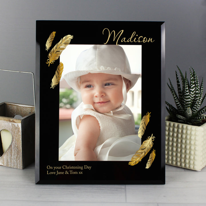 Buy Personalised Golden Feather 5x7 Black Glass Photo Frame at www.giftsfinder.co.uk