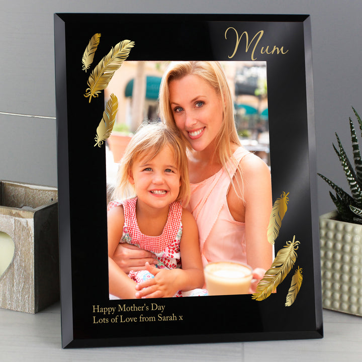 Buy Personalised Golden Feather 5x7 Black Glass Photo Frame at www.giftsfinder.co.uk