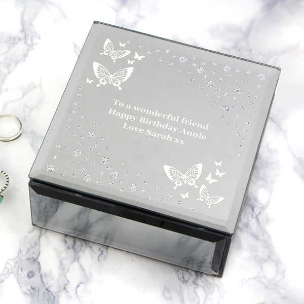 Personalised White Butterfly Diamante Glass Trinket Box - part of the Personalised Trinket Boxes collection