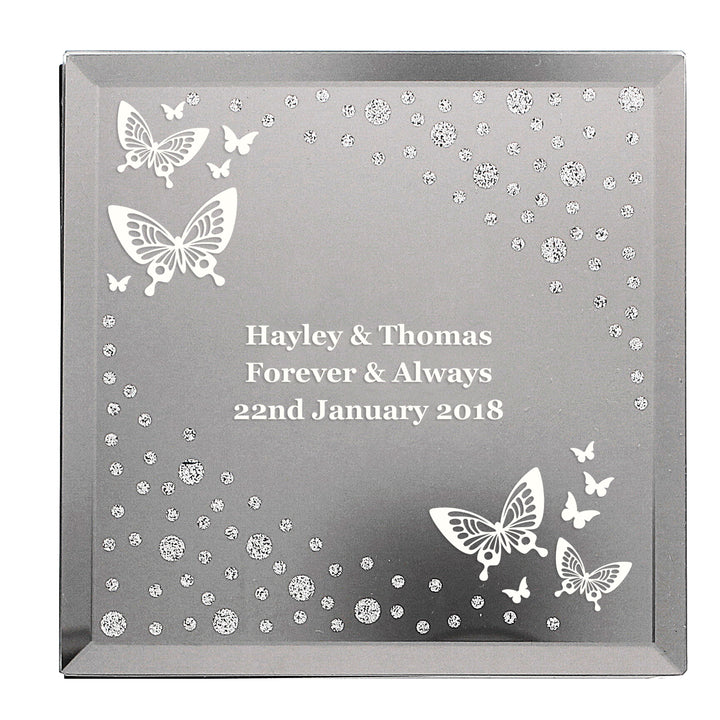 Buy Personalised White Butterfly Diamante Glass Trinket Box at www.giftsfinder.co.uk