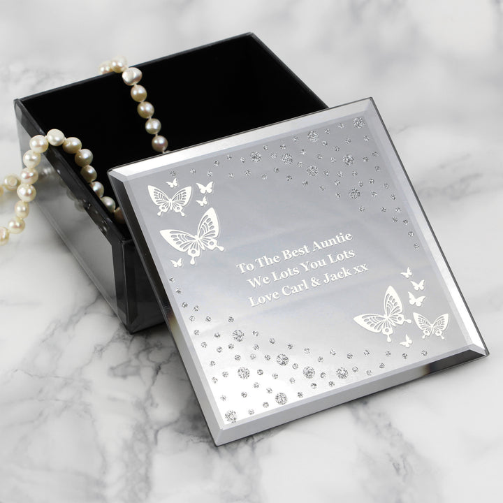 Buy Personalised White Butterfly Diamante Glass Trinket Box at www.giftsfinder.co.uk