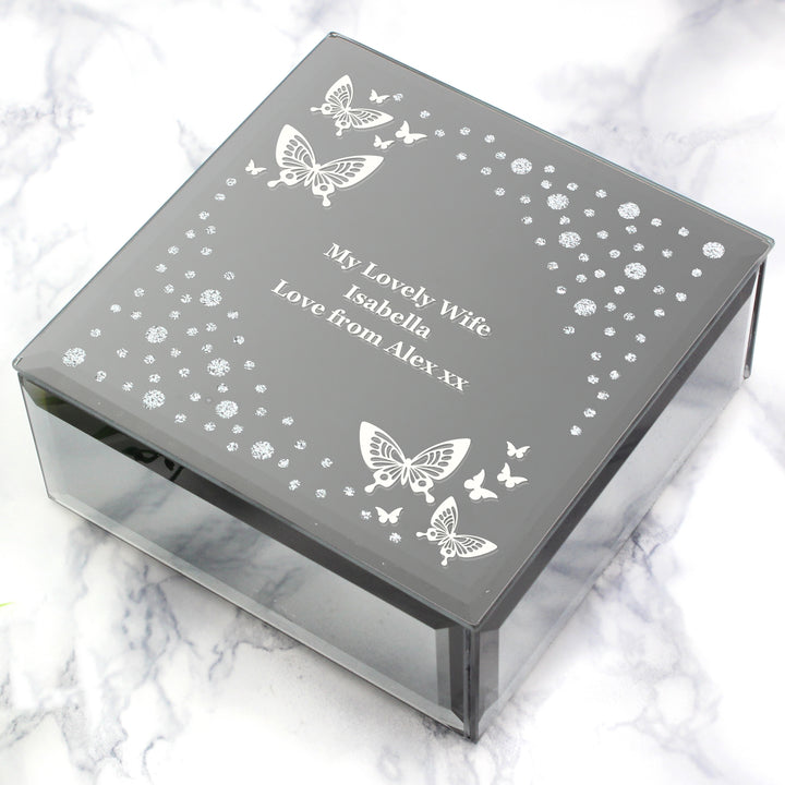 Buy Personalised White Butterfly Diamante Glass Trinket Box at www.giftsfinder.co.uk