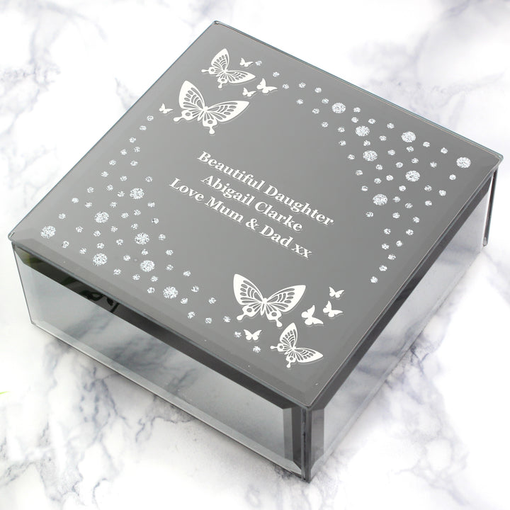 Buy Personalised White Butterfly Diamante Glass Trinket Box at www.giftsfinder.co.uk