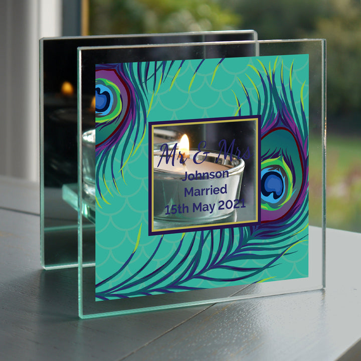 Buy Personalised Peacock Mirrored Glass Tea Light Candle Holder at www.giftsfinder.co.uk