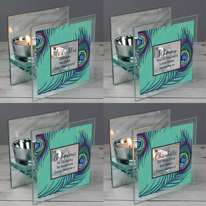 Buy Personalised Peacock Mirrored Glass Tea Light Candle Holder at www.giftsfinder.co.uk