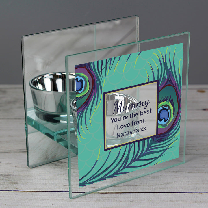 Buy Personalised Peacock Mirrored Glass Tea Light Candle Holder at www.giftsfinder.co.uk