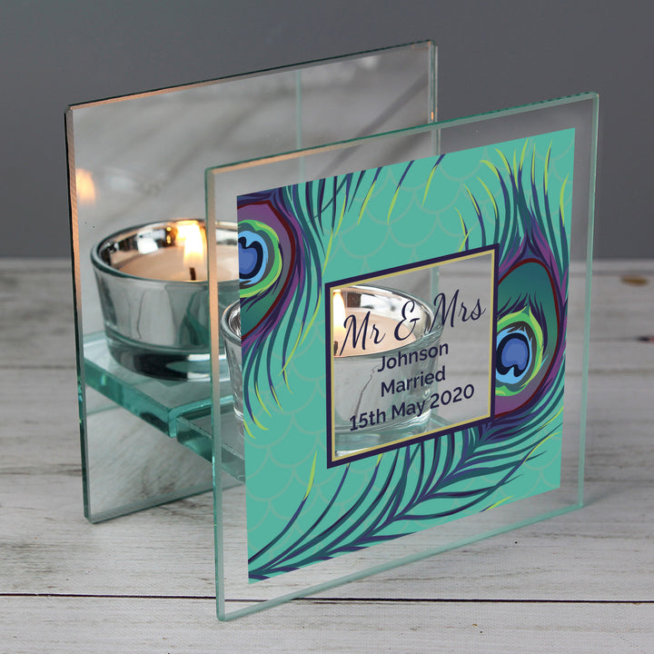 Buy Personalised Peacock Mirrored Glass Tea Light Candle Holder at www.giftsfinder.co.uk