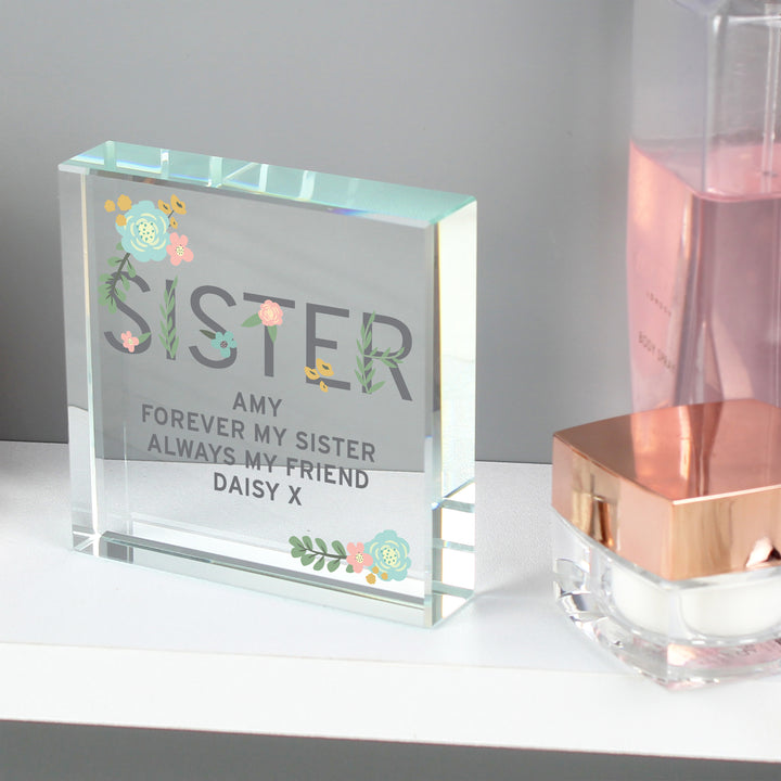 Buy Personalised Floral Sister  Crystal Token available now at www.giftsfinder.co.uk