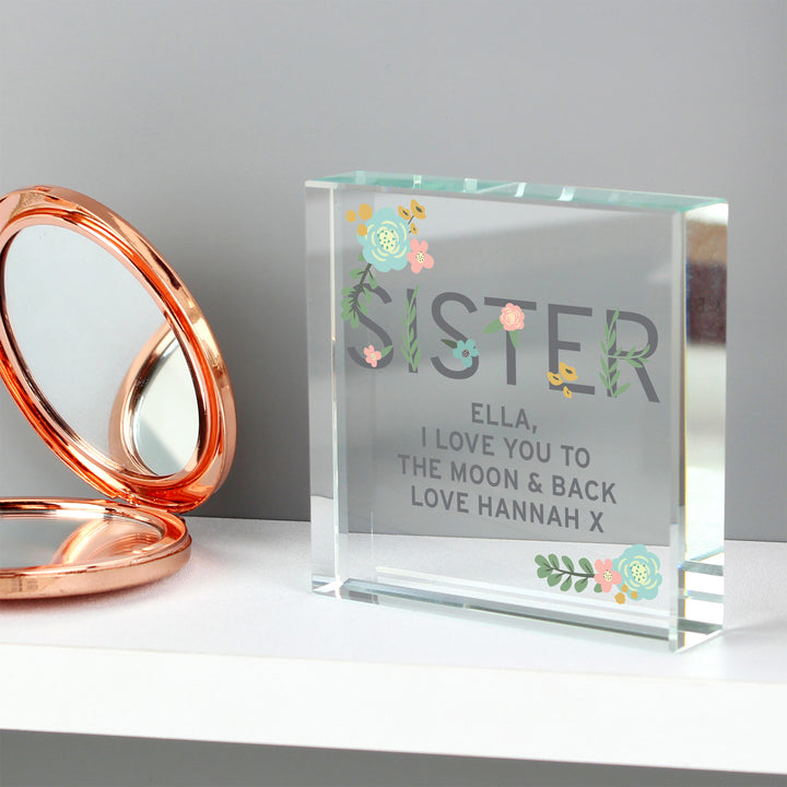 Buy Personalised Floral Sister  Crystal Token available now at www.giftsfinder.co.uk