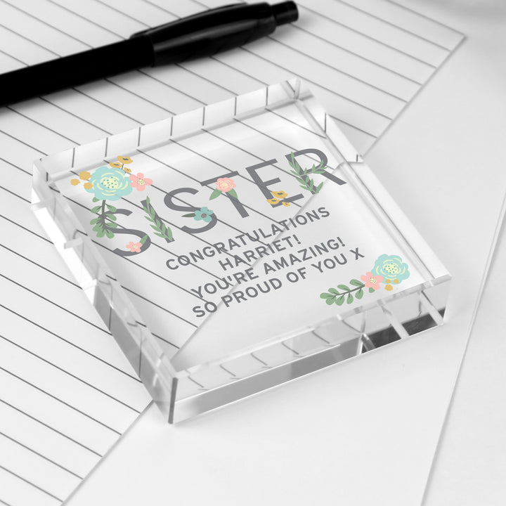 Buy Personalised Floral Sister  Crystal Token available now at www.giftsfinder.co.uk