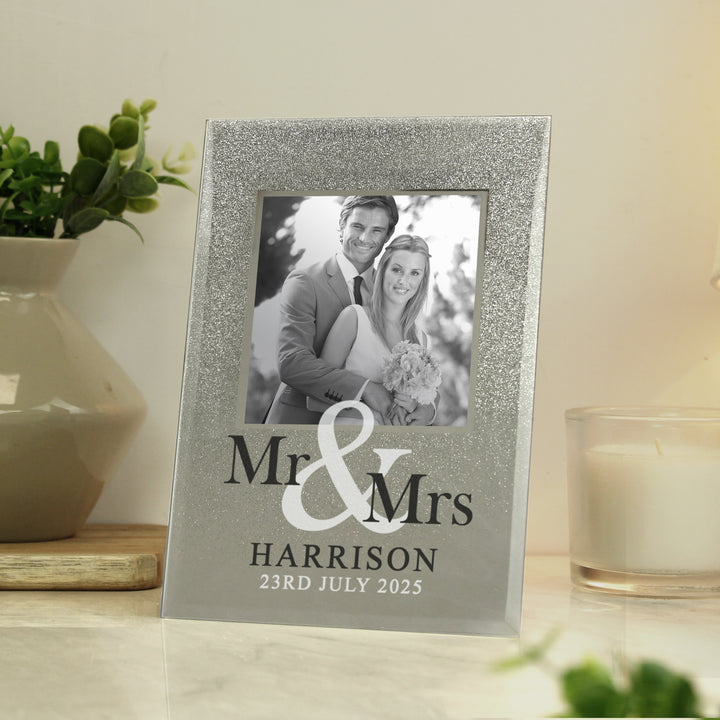 Buy Personalised Mr & Mrs 4x4 Glitter Glass Photo Frame at www.giftsfinder.co.uk