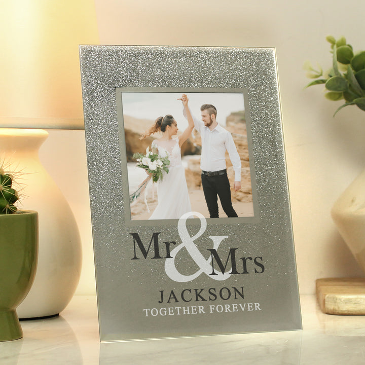 Buy Personalised Mr & Mrs 4x4 Glitter Glass Photo Frame at www.giftsfinder.co.uk