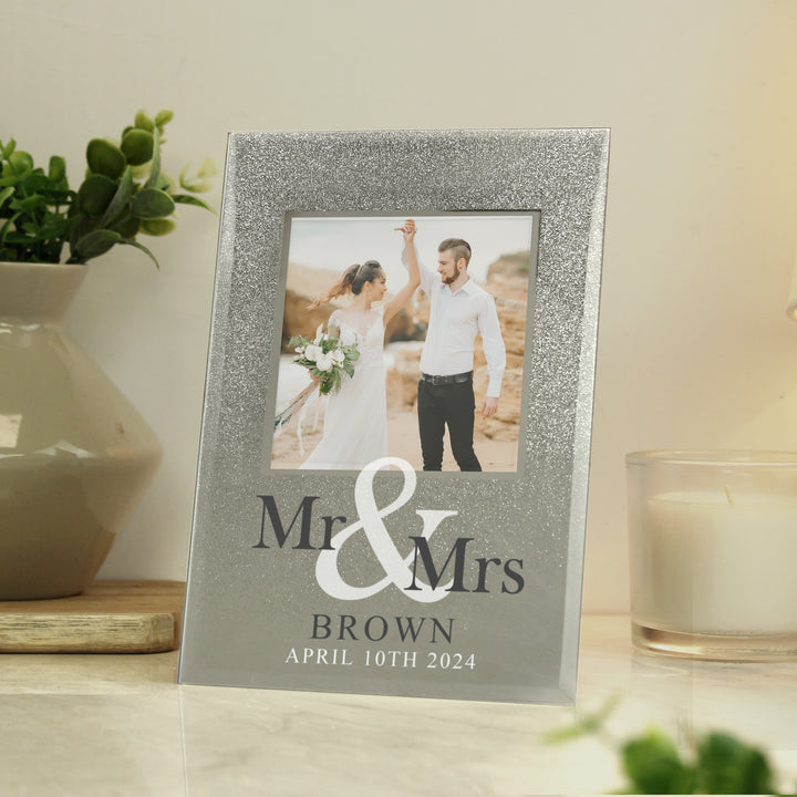 Buy Personalised Mr & Mrs 4x4 Glitter Glass Photo Frame at www.giftsfinder.co.uk