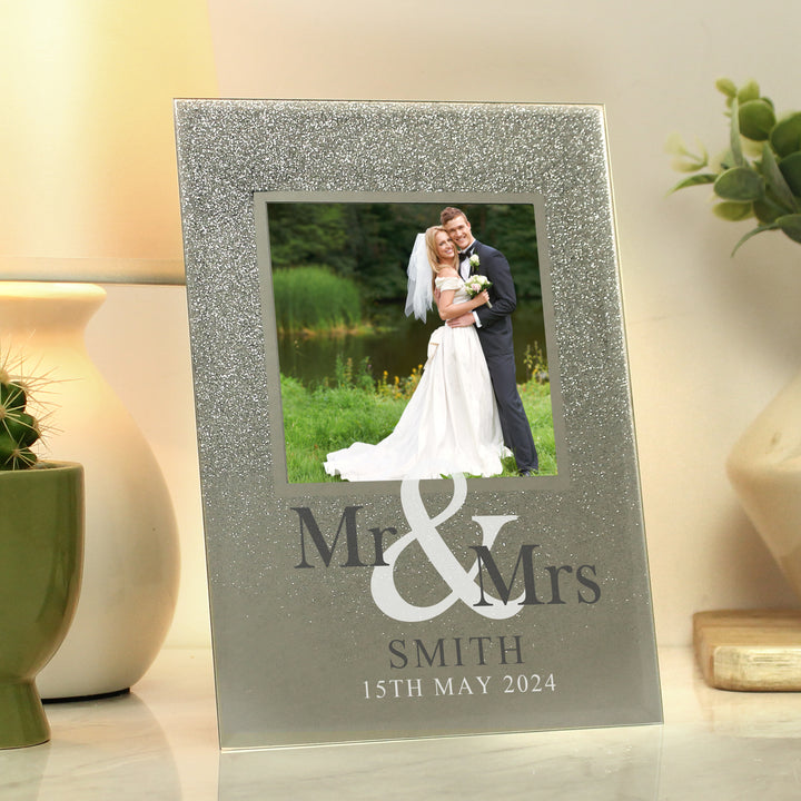 Buy Personalised Mr & Mrs 4x4 Glitter Glass Photo Frame at www.giftsfinder.co.uk